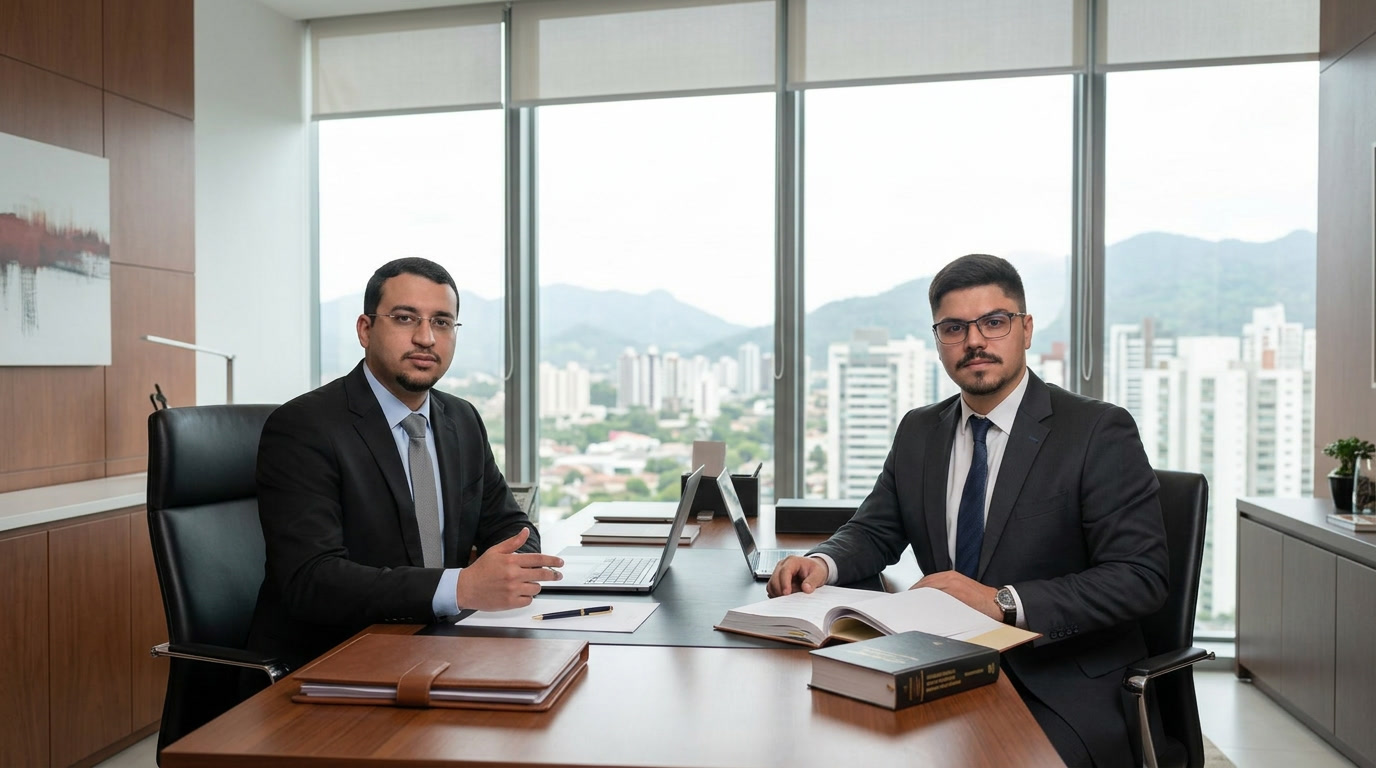 Sócios do escritório em mesa de trabalho com vista do escritório